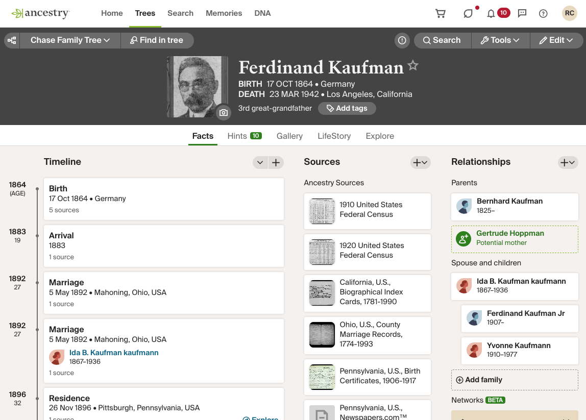 Ancestry family tree for Ferdinand Kaufmann